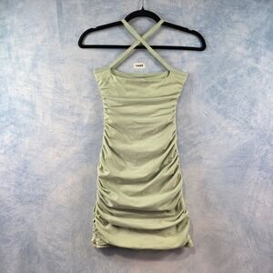 Oh Polly Sage Green Ruched Bodycon Mini Dress Logo Halter Straps Womens Size 2